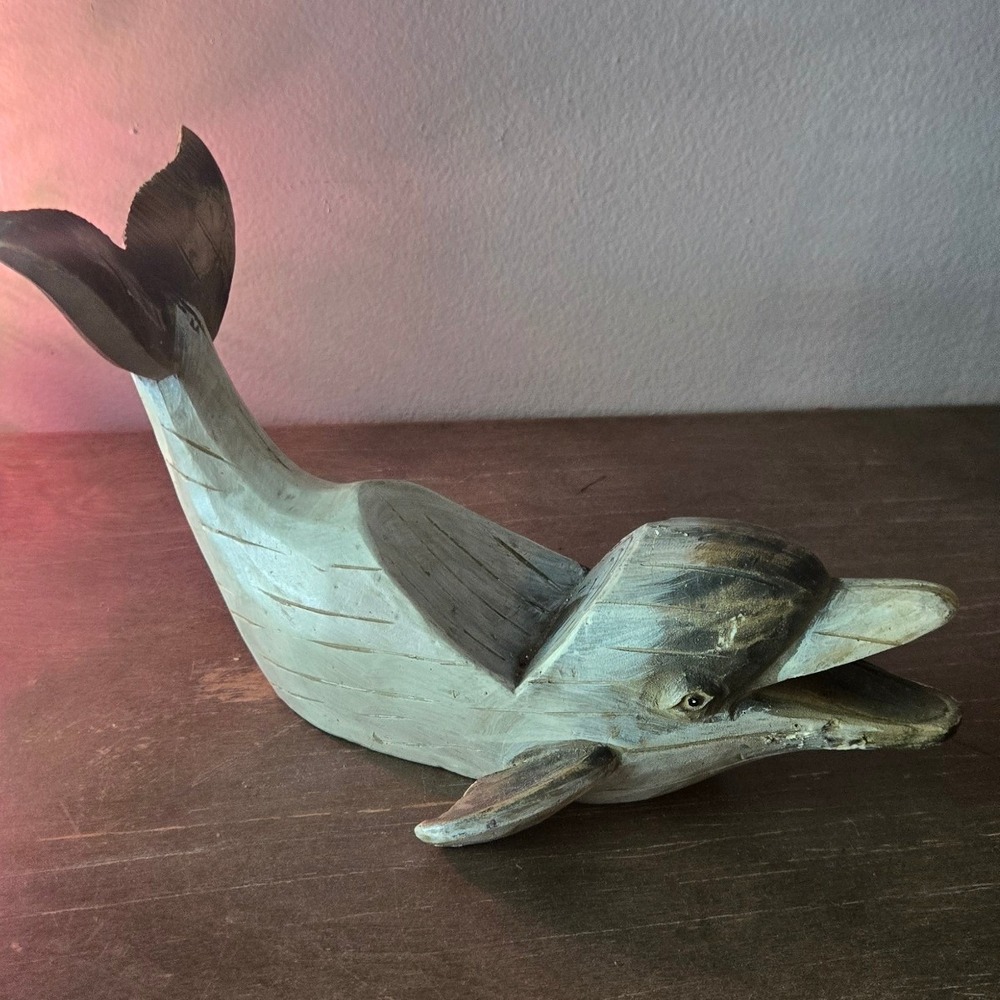 HandCarved Wooden Dolphin Wine Bottle Holder Coastal Nautical Beach Decor 13.5in